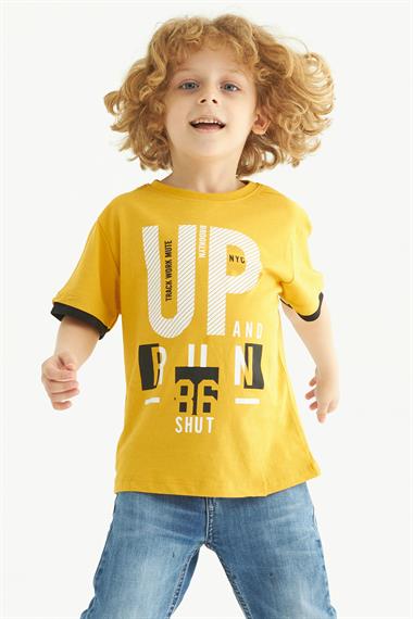 Bisiklet Yaka Kısa Kol UP Yazı Baskılı Hardal Renk Erkek Çocuk Tshirt