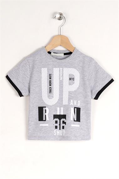 Bisiklet Yaka Kısa Kol UP Yazı Baskılı Gri Renk Erkek Çocuk Tshirt