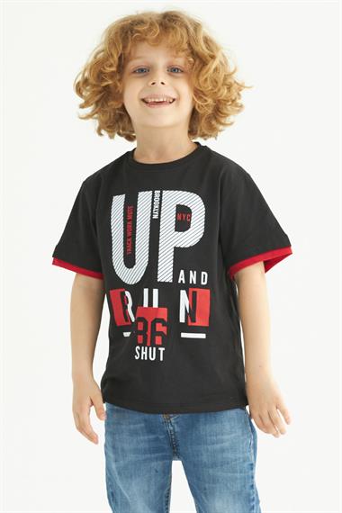 Bisiklet Yaka Kısa Kol UP Yazı Baskılı Siyah Renk Erkek Çocuk Tshirt