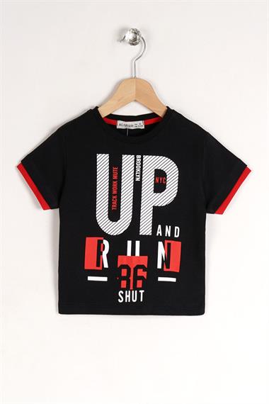 Bisiklet Yaka Kısa Kol UP Yazı Baskılı Siyah Renk Erkek Çocuk Tshirt