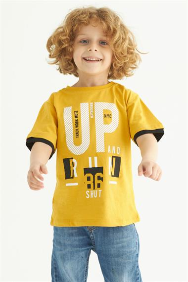 Bisiklet Yaka Kısa Kol UP Yazı Baskılı Hardal Renk Erkek Çocuk Tshirt