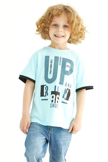 Bisiklet Yaka Kısa Kol UP Yazı Baskılı Mint Renk Erkek Çocuk Tshirt