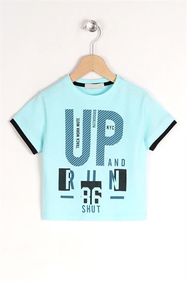 Bisiklet Yaka Kısa Kol UP Yazı Baskılı Mint Renk Erkek Çocuk Tshirt