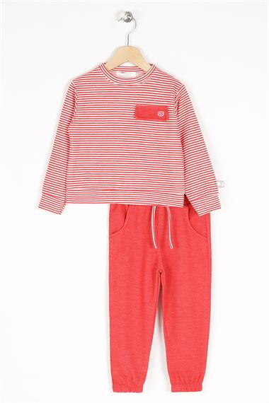 Bisiklet Yaka Uzun Kol Çizgili Kırmızı Renk Erkek Çocuk Eşofman Takımı