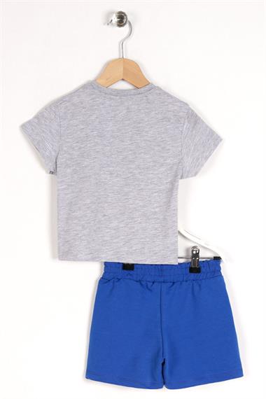 Bisiklet Yaka Kısa Kol Yazı Baskılı Cep Detaylı Gri Renk Erkek Çocuk Şortlu Takım