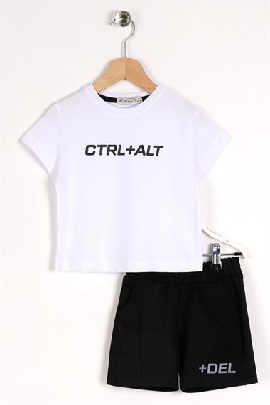 Bisiklet Yaka Kısa Kol Yazı Baskılı Cep Detaylı Beyaz Renk Erkek Çocuk Şortlu Takım