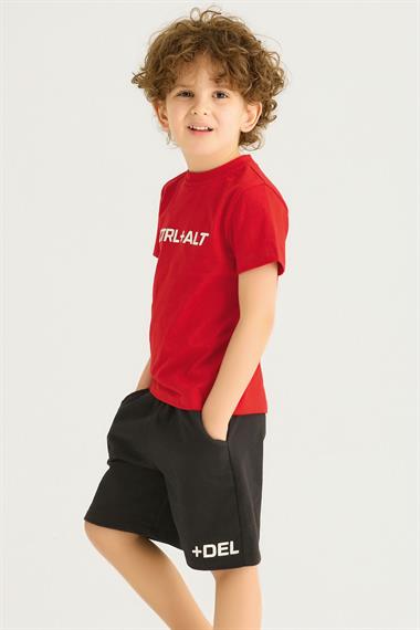 Bisiklet Yaka Kısa Kol Yazı Baskılı Cep Detaylı Kırmızı Renk Erkek Çocuk Şortlu Takım