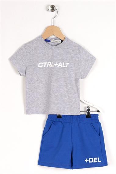 Bisiklet Yaka Kısa Kol Yazı Baskılı Cep Detaylı Gri Renk Erkek Çocuk Şortlu Takım