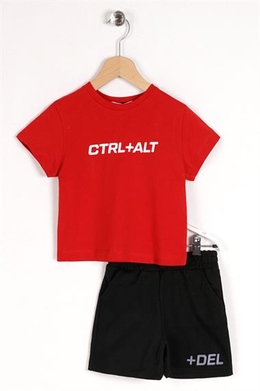 Bisiklet Yaka Kısa Kol Yazı Baskılı Cep Detaylı Kırmızı Renk Erkek Çocuk Şortlu Takım