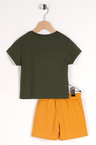 Bisiklet Yaka Kısa Kol Yazı Baskılı Cep Detaylı Haki Renk Erkek Çocuk Şortlu Takım