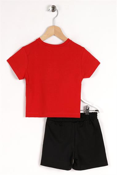 Bisiklet Yaka Kısa Kol Yazı Baskılı Cep Detaylı Kırmızı Renk Erkek Çocuk Şortlu Takım