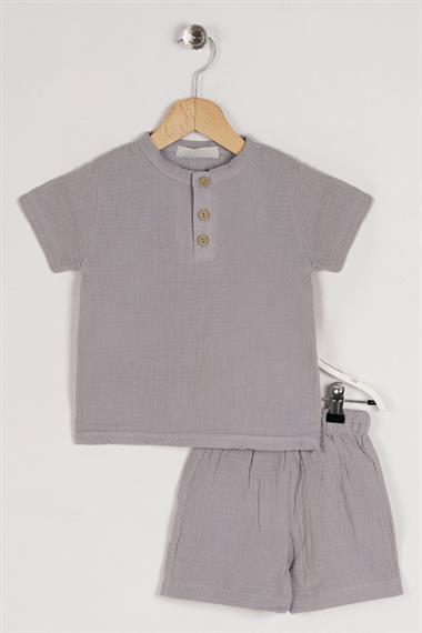 Bisiklet Yaka Kısa Kol Düğme Detaylı Gri Renk Erkek Çocuk Şortlu Takım