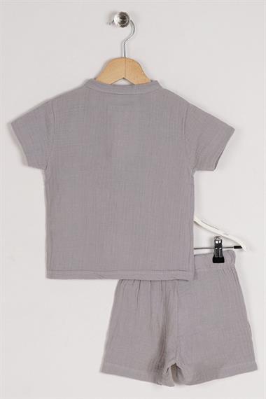 Bisiklet Yaka Kısa Kol Düğme Detaylı Gri Renk Erkek Çocuk Şortlu Takım