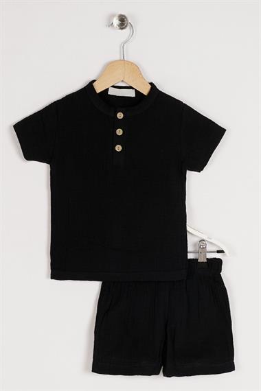 Bisiklet Yaka Kısa Kol Düğme Detaylı Siyah Renk Erkek Çocuk Şortlu Takım