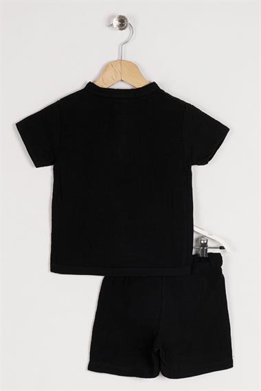 Bisiklet Yaka Kısa Kol Düğme Detaylı Siyah Renk Erkek Çocuk Şortlu Takım