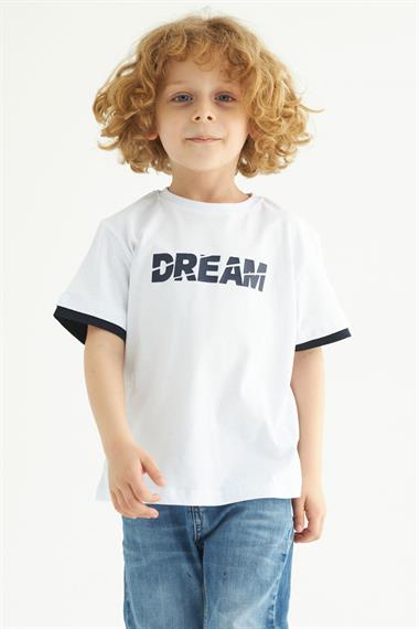 Bisiklet Yaka Kısa Kol Dreams Baskılı Kısa Kol Beyaz Renk Erkek Çocuk Tshirt
