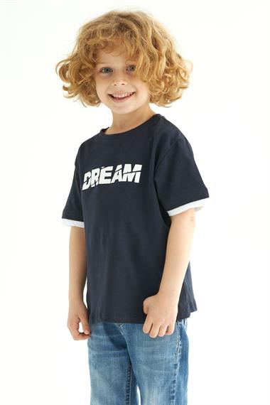 Bisiklet Yaka Kısa Kol Dreams Baskılı Kısa Kol Lacivert Renk Erkek Çocuk Tshirt