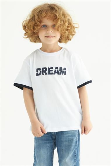 Bisiklet Yaka Kısa Kol Dreams Baskılı Kısa Kol Beyaz Renk Erkek Çocuk Tshirt