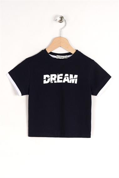 Bisiklet Yaka Kısa Kol Dreams Baskılı Kısa Kol Lacivert Renk Erkek Çocuk Tshirt