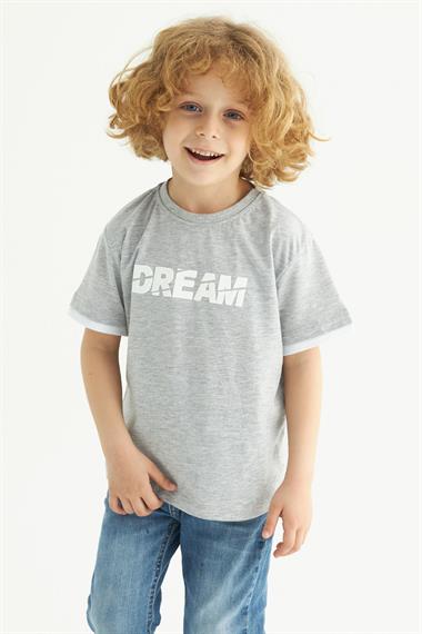 Bisiklet Yaka Kısa Kol Dreams Baskılı Kısa Kol Gri Renk Erkek Çocuk Tshirt