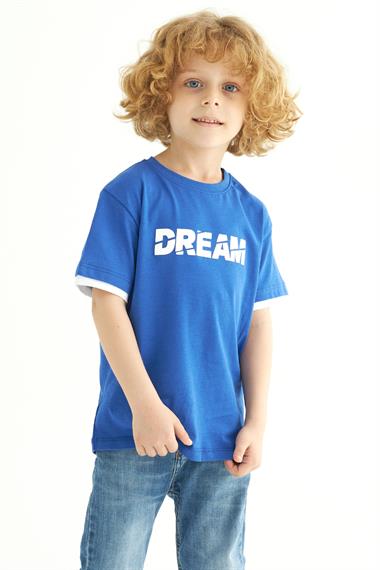 Bisiklet Yaka Kısa Kol Dreams Baskılı Kısa Kol Saks Renk Erkek Çocuk Tshirt