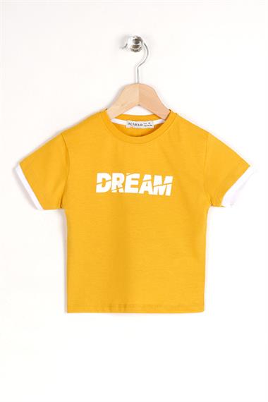 Bisiklet Yaka Kısa Kol Dreams Baskılı Kısa Kol Hardal Renk Erkek Çocuk Tshirt