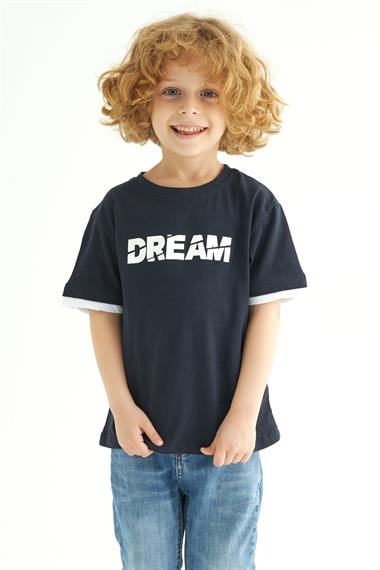 Bisiklet Yaka Kısa Kol Dreams Baskılı Kısa Kol Lacivert Renk Erkek Çocuk Tshirt