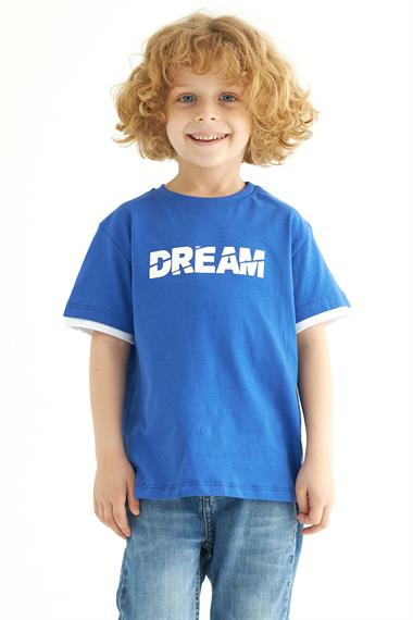 Bisiklet Yaka Kısa Kol Dreams Baskılı Kısa Kol Saks Renk Erkek Çocuk Tshirt