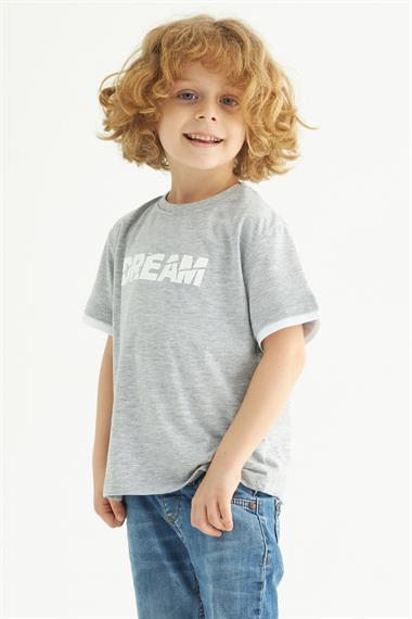 Bisiklet Yaka Kısa Kol Dreams Baskılı Kısa Kol Gri Renk Erkek Çocuk Tshirt