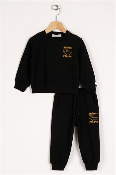 Bisiklet Yaka Uzun Kol Anımal Person Baskılı Siyah Renk Erkek Çocuk Esofman Takım