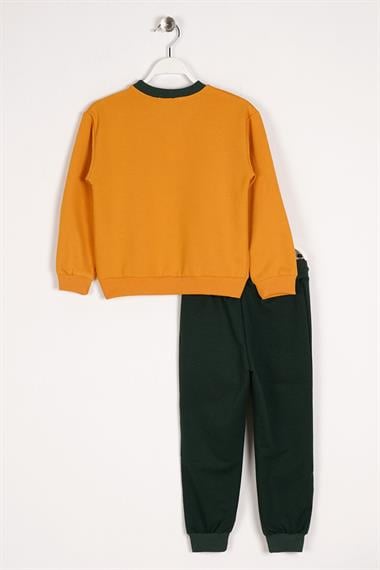 Bisiklet Yaka Uzun Kol Yaka Renk Detaylı Bel Lastikli Hardal Renk Erkek Çocuk Ikılı Takım