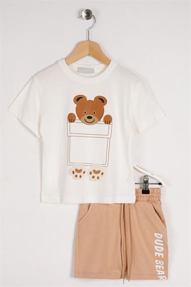 Bisiklet Yaka Ayıcık Detaylı Ekru Bej Renk Erkek Çocuk Şortlu Takım