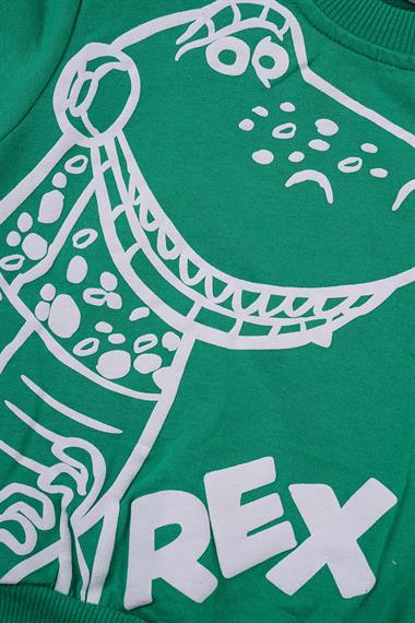 Bisiklet Yaka Uzun Kol Timsah Rex Baskılı Koyu Yeşil Renk Erkek Çocuk İkili Takım