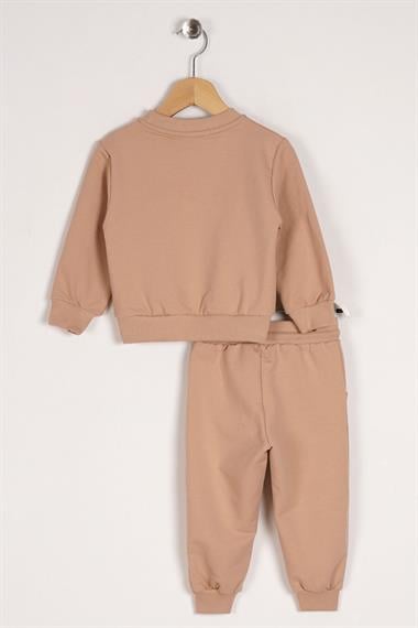 Bisiklet Yaka Uzun Kol Hooray Baskılı Bej Renk Erkek Çocuk İkili Takım