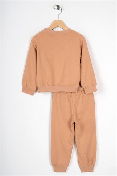 Bisiklet Yaka Uzun Kol Ayıcıklı Bej Renk Erkek Çocuk Eşofman Takım