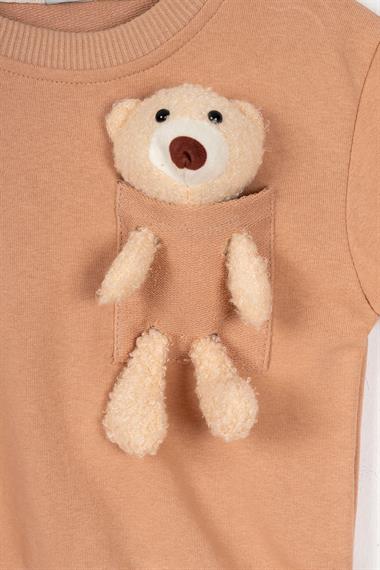 Bisiklet Yaka Uzun Kol Ayıcıklı Bej Renk Erkek Çocuk Eşofman Takım