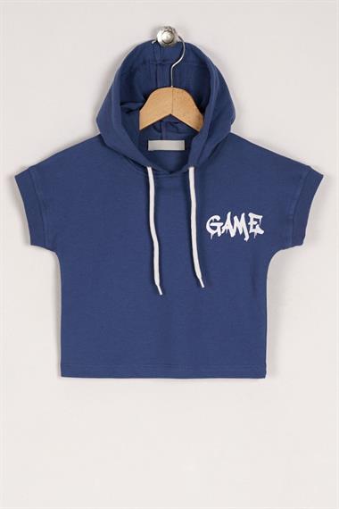 Kapüşonlu Kısa Kol Game Baskıllı Kısa Kol Indigo Renk Erkek Çocuk Sweatshirt