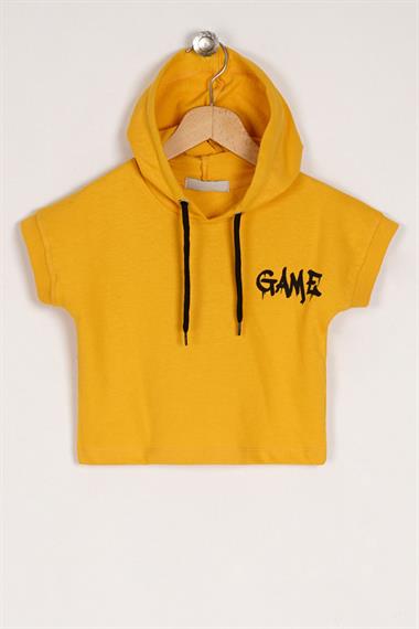 Kapüşonlu Kısa Kol Game Baskıllı Kısa Kol Hardal Renk Erkek Çocuk Sweatshirt