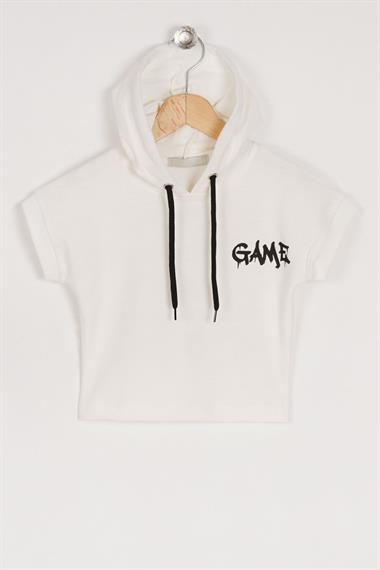 Kapüşonlu Kısa Kol Game Baskıllı Kısa Kol Ekru Renk Erkek Çocuk Sweatshirt