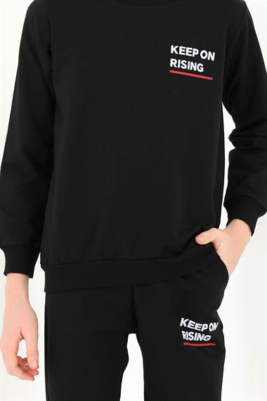 Bisiklet Yaka Uzun Kol Keep On Rısıng Baskılı Siyah Renk Erkek Çocuk Esofman Takım