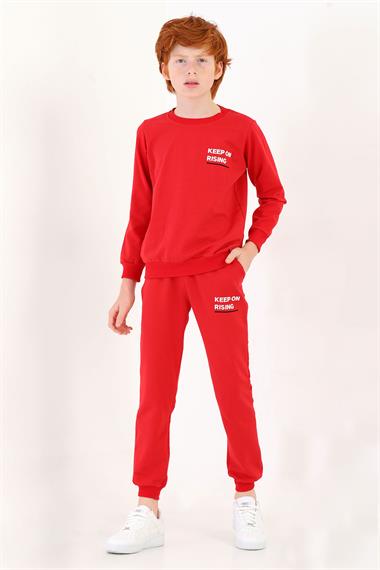 Bisiklet Yaka Uzun Kol Keep On Rısıng Baskılı Kırmızı Renk Erkek Çocuk Esofman Takım