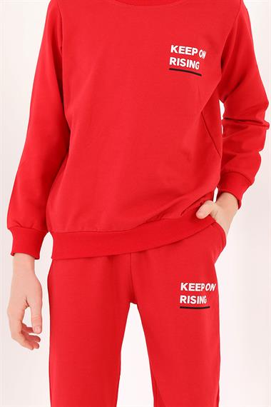 Bisiklet Yaka Uzun Kol Keep On Rısıng Baskılı Kırmızı Renk Erkek Çocuk Esofman Takım
