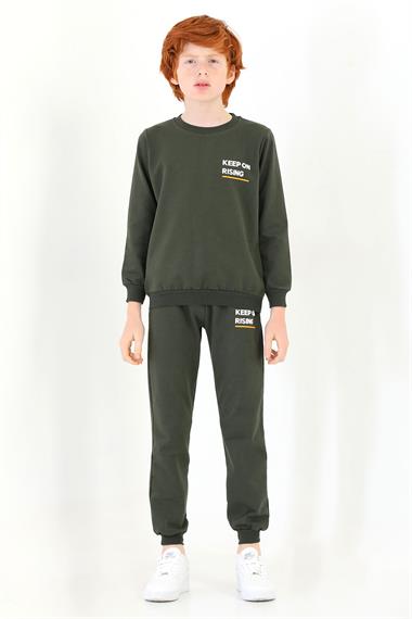 Bisiklet Yaka Uzun Kol Keep On Rısıng Baskılı Haki Renk Erkek Çocuk Esofman Takım