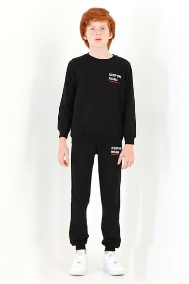 Bisiklet Yaka Uzun Kol Keep On Rısıng Baskılı Siyah Renk Erkek Çocuk Esofman Takım
