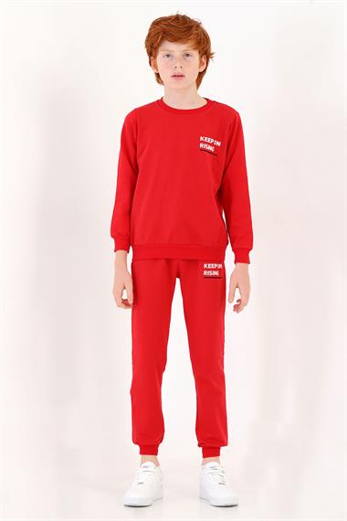 Bisiklet Yaka Uzun Kol Keep On Rısıng Baskılı Kırmızı Renk Erkek Çocuk Esofman Takım