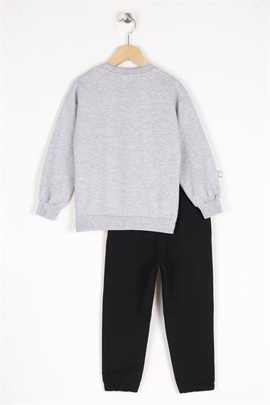 Bisiklet Yaka Uzun Kol Ayı Baskılı Siyah Renk Erkek Çocuk Eşofman Takım