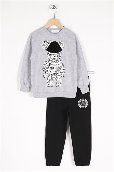 Bisiklet Yaka Uzun Kol Ayı Baskılı Siyah Renk Erkek Çocuk Eşofman Takım