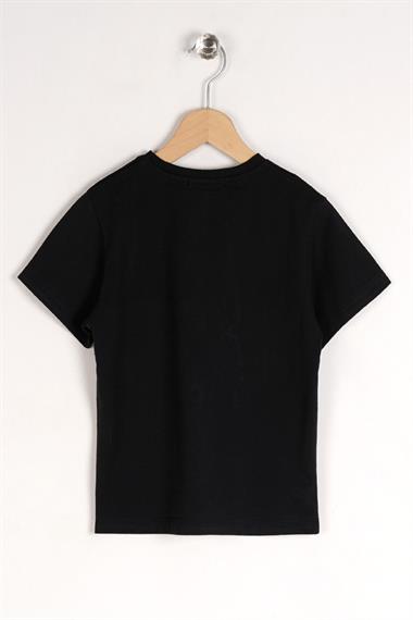 Bisiklet Yaka Kısa Kol Ayı Baskılı Siyah Renk Erkek Çocuk Tshirt