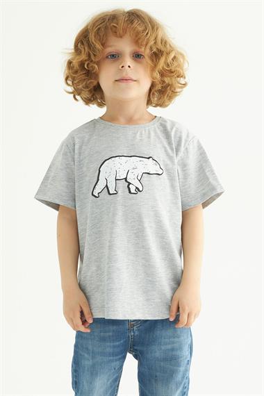 Bisiklet Yaka Kısa Kol Ayı Baskılı Gri Renk Erkek Çocuk Tshirt