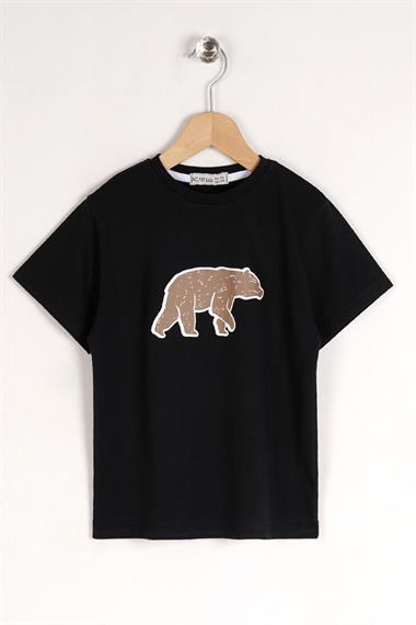 Bisiklet Yaka Kısa Kol Ayı Baskılı Siyah Renk Erkek Çocuk Tshirt